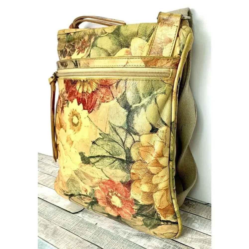 MAURIZIO TAIUTI FLOWERS MULTICOLOR GENUINE LEATHER X-BODY MESSENGER SHOULDER BAG